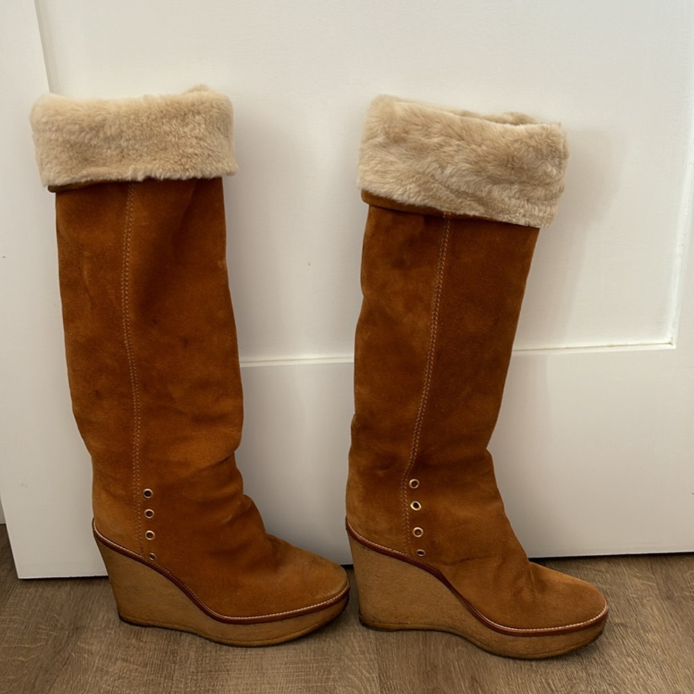 Used- YSL genuine shearling suede wedge boots